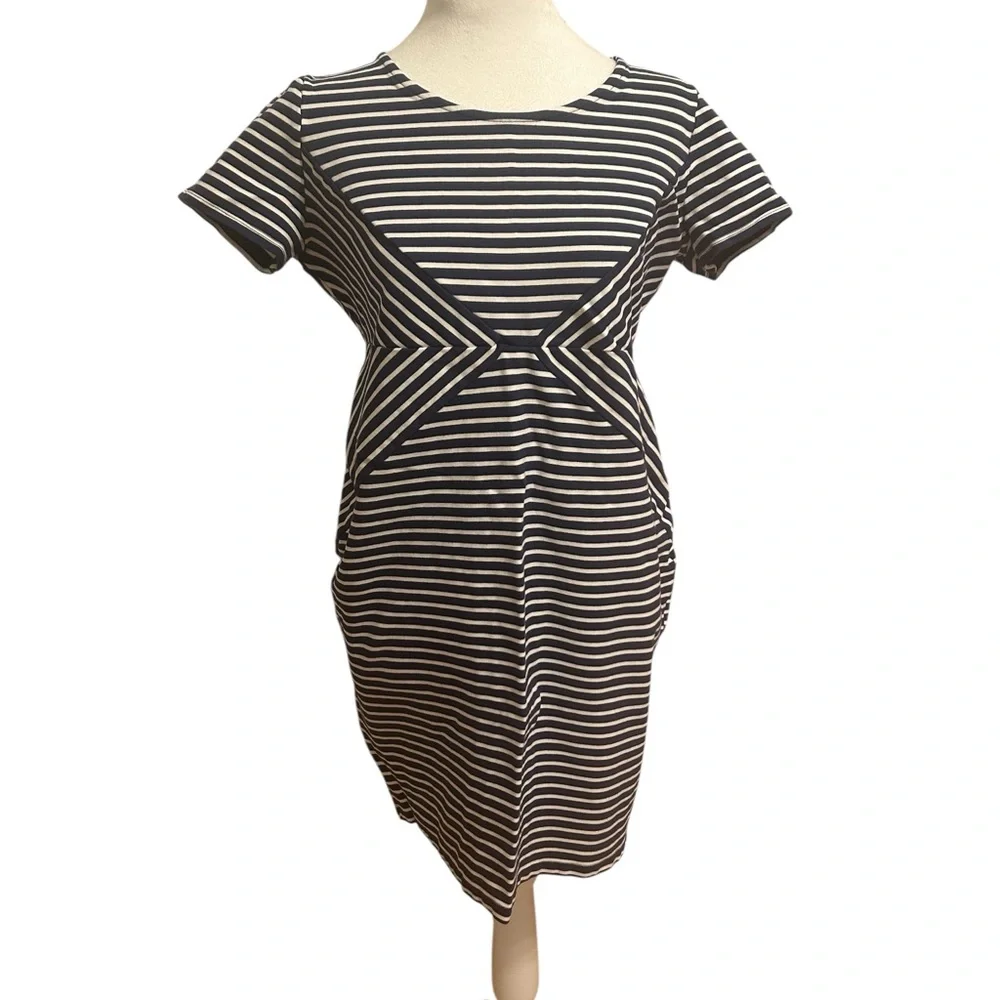 Jessica Simpson Maternity Navy Striped Zipper‎ Dress Medium nautical office